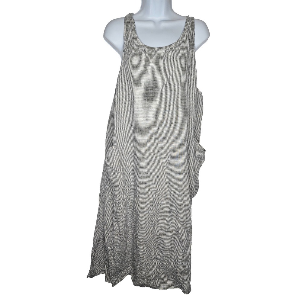 FLAX  Linen Tank Dress Large Striped Lagenlook Sleeveless Casual Minimalist